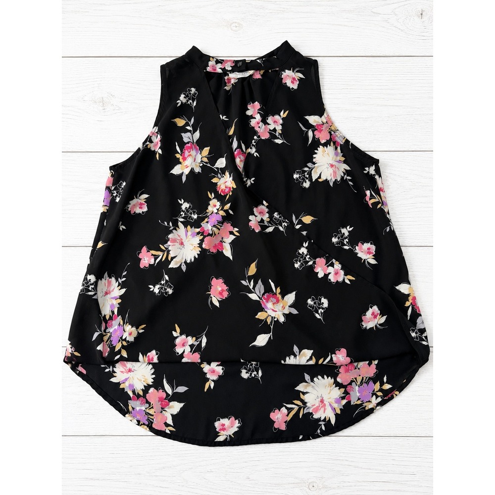 Lush Womens Floral Surplice Sleeveless Blouse Black Pink Mock‎ Neck Small 3812